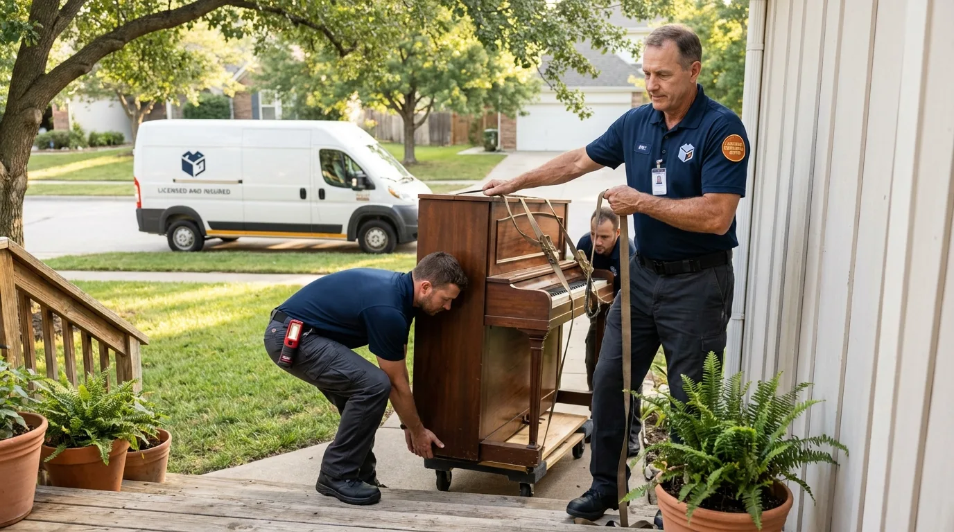 Licensed piano movers securing grand piano in Rural Hall, NC