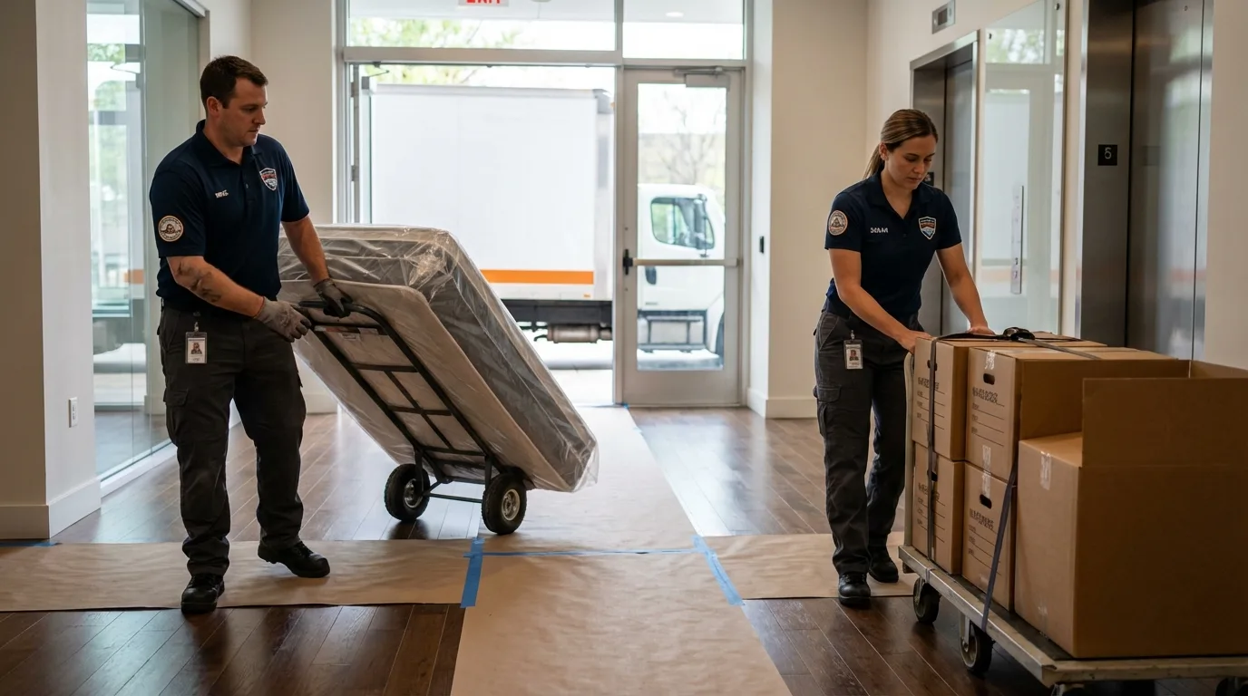 Professional apartment movers loading elevator in Rural Hall, NC